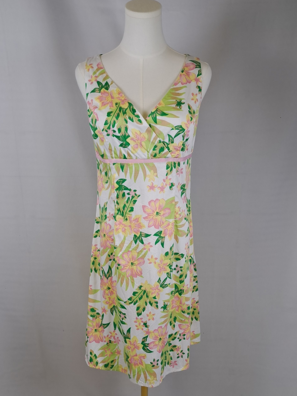 Bay Studio Y2K Pink Green Floral V-Neck Sleeveless Empire Waist Dress Size 6